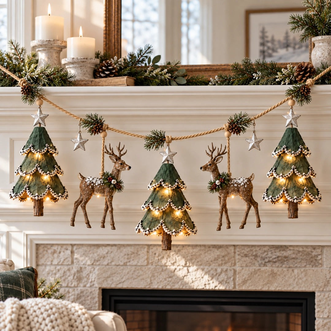 Lighted Woodland Christmas Garland – Festive Deer & Tree Holiday Decoration