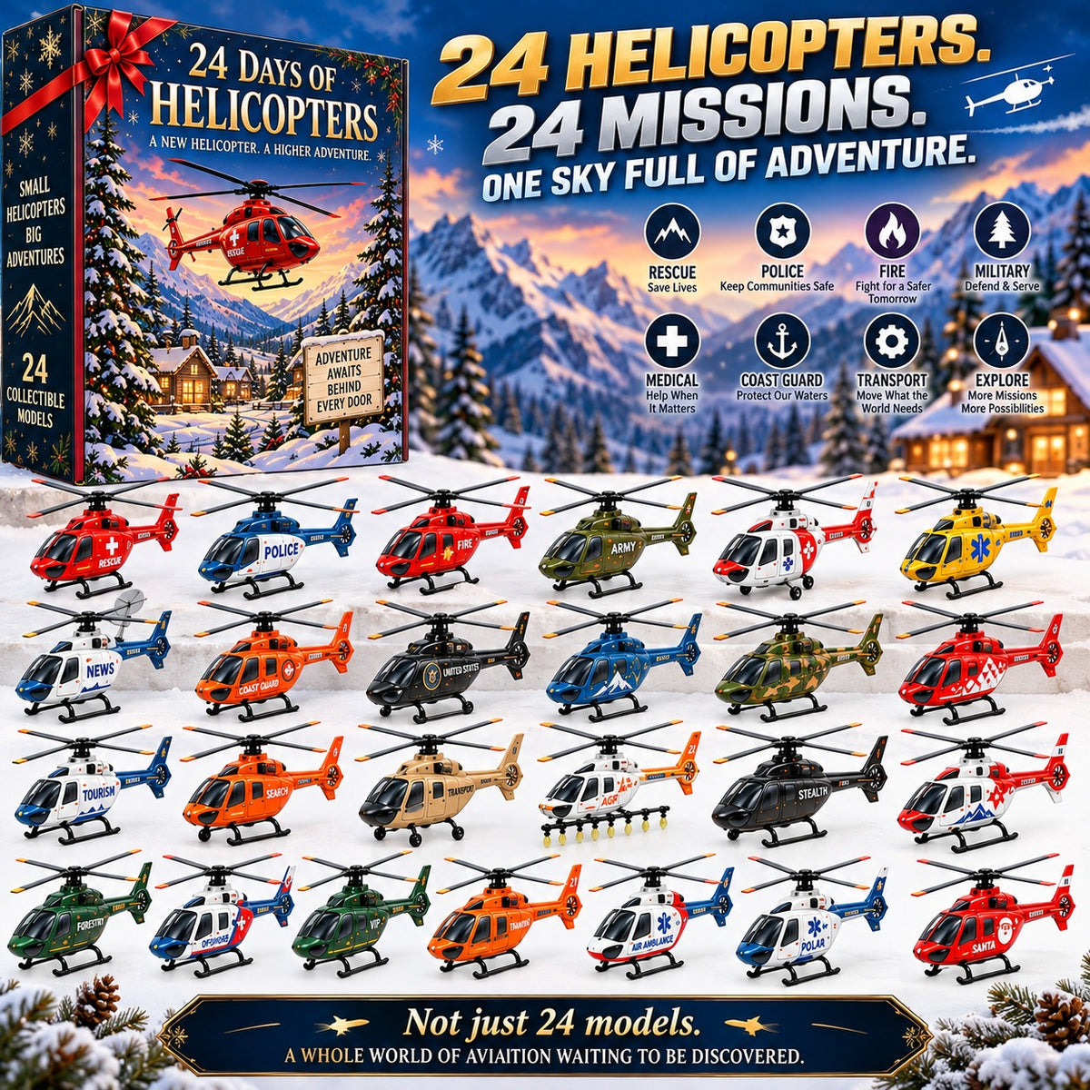 24-Day Mini Vehicle Advent Calendar – Helicopter, Classic Car & Racing Series
