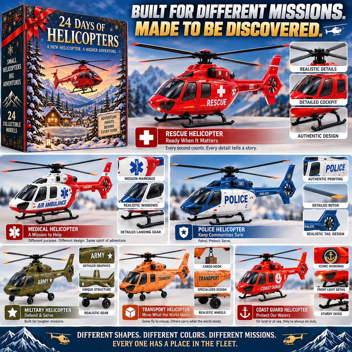 24-Day Mini Vehicle Advent Calendar – Helicopter, Classic Car & Racing Series