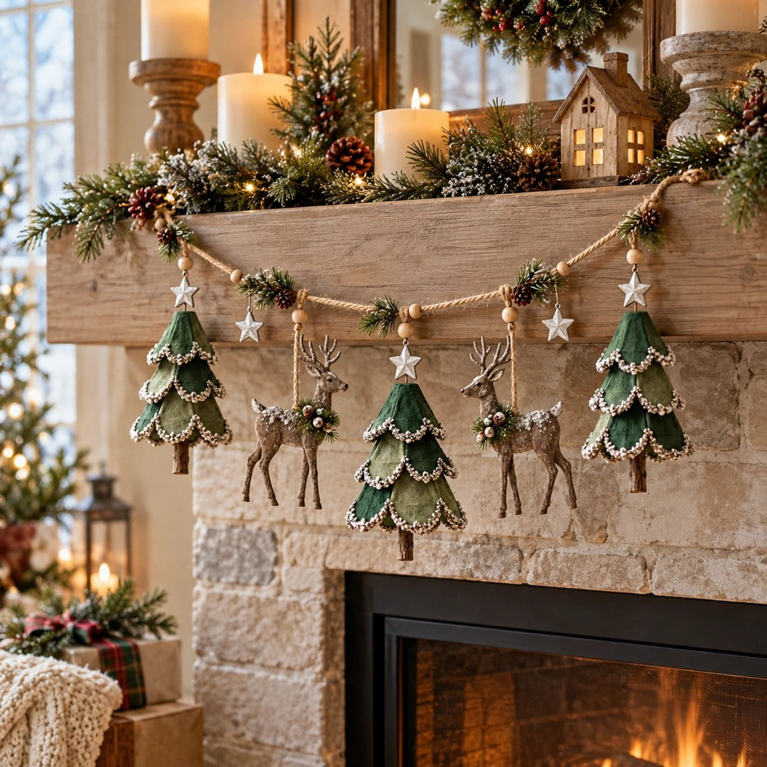 Lighted Woodland Christmas Garland – Festive Deer & Tree Holiday Decoration