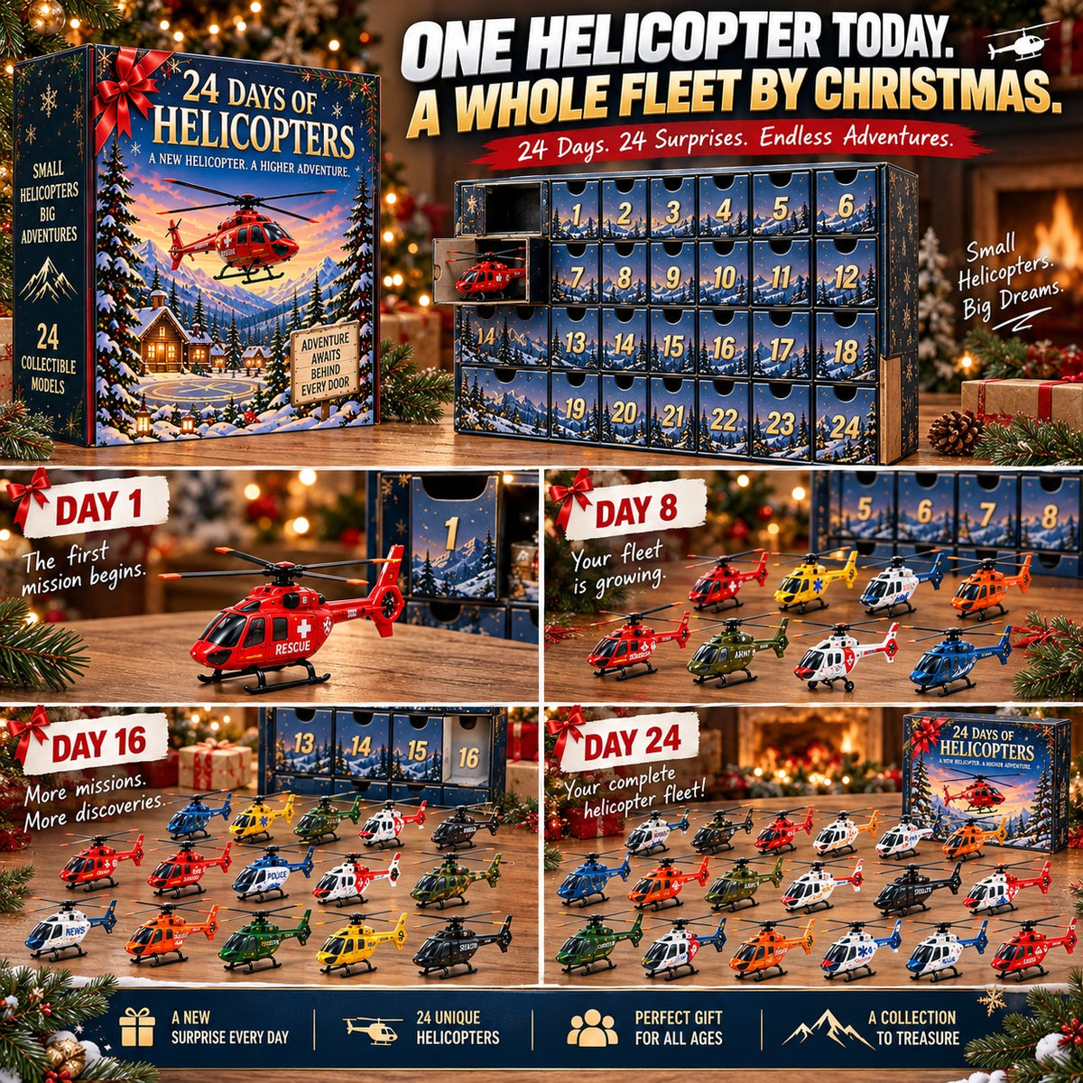 24-Day Mini Vehicle Advent Calendar – Helicopter, Classic Car & Racing Series