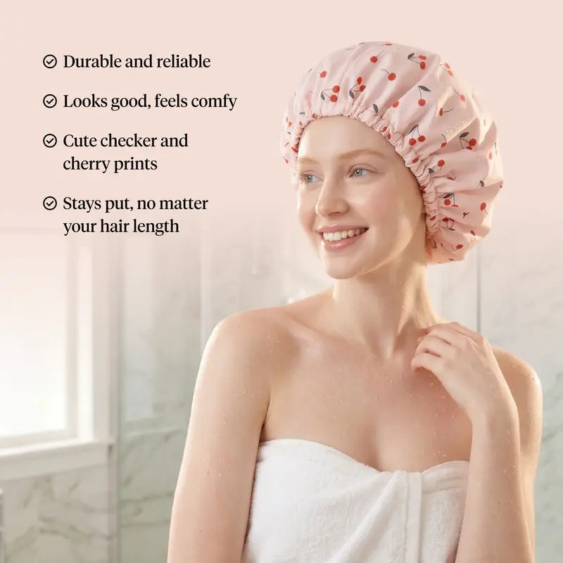 Satin-Lined Waterproof Shower Cap – Adjustable Reusable Hair Protector for Long Hair, Curls & Blowouts