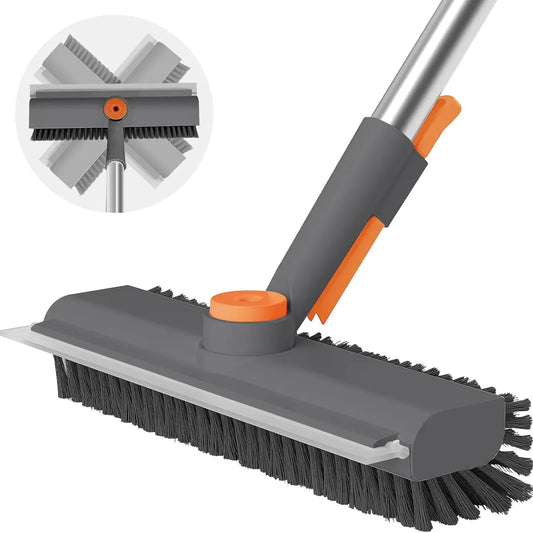 3-in-1 Floor Scrub Brush with Long Handle – Heavy-Duty Tile & Grout Cleaner with Squeegee for Bathroom, Shower & Kitchen
