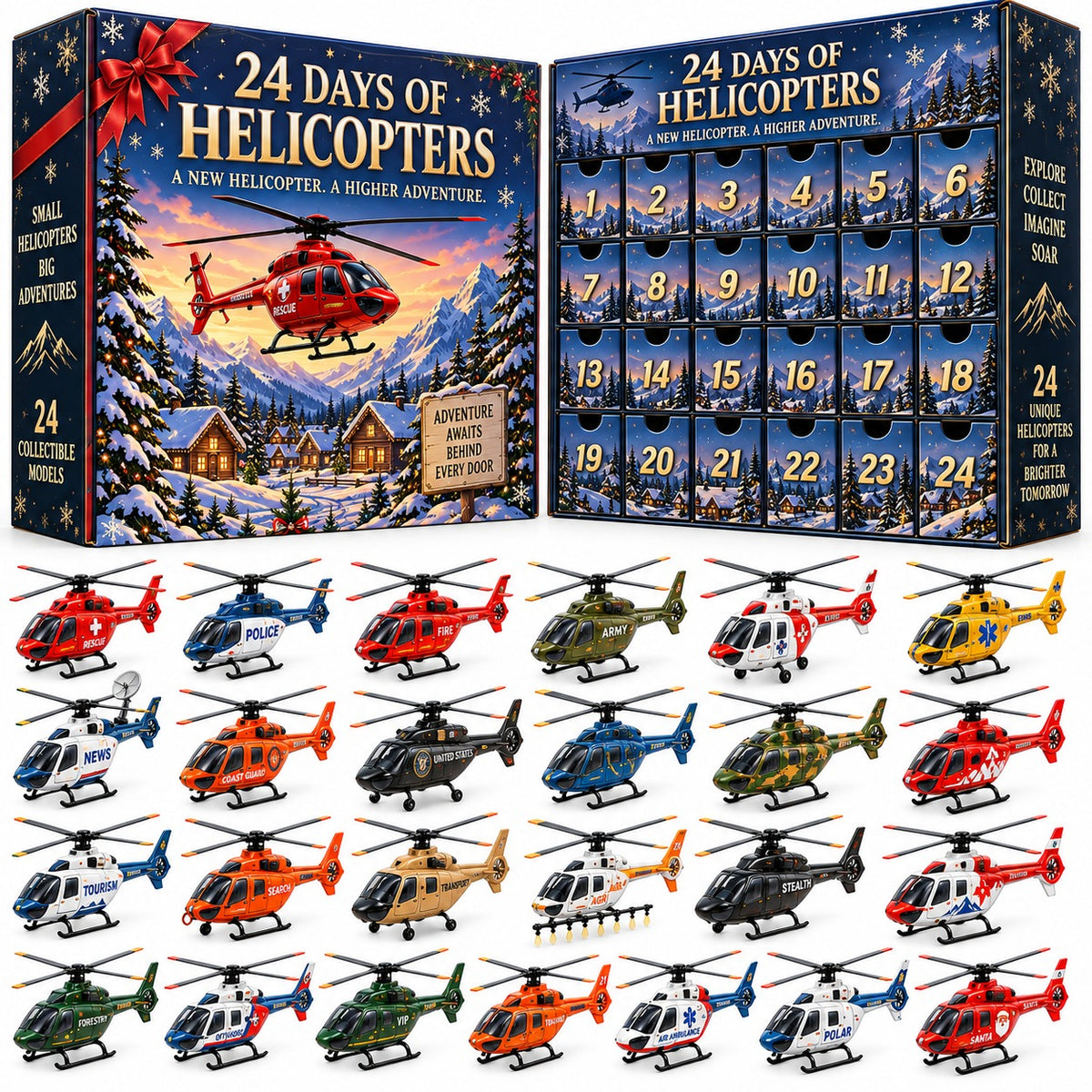 24-Day Mini Vehicle Advent Calendar – Helicopter, Classic Car & Racing Series