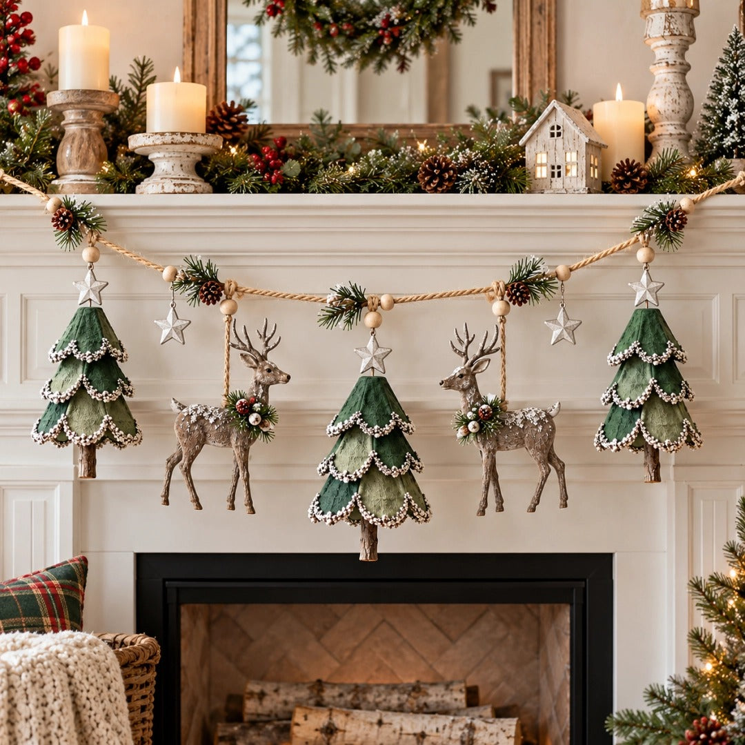 Lighted Woodland Christmas Garland – Festive Deer & Tree Holiday Decoration