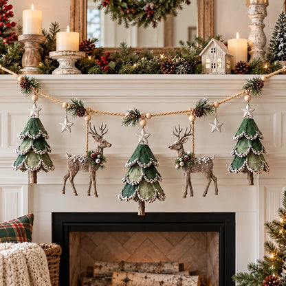 Lighted Woodland Christmas Garland – Festive Deer & Tree Holiday Decoration