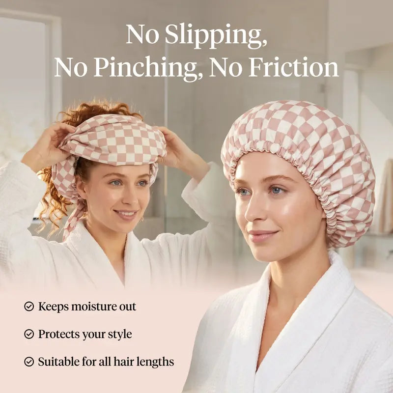 Satin-Lined Waterproof Shower Cap – Adjustable Reusable Hair Protector for Long Hair, Curls & Blowouts
