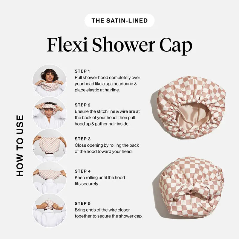 Satin-Lined Waterproof Shower Cap – Adjustable Reusable Hair Protector for Long Hair, Curls & Blowouts