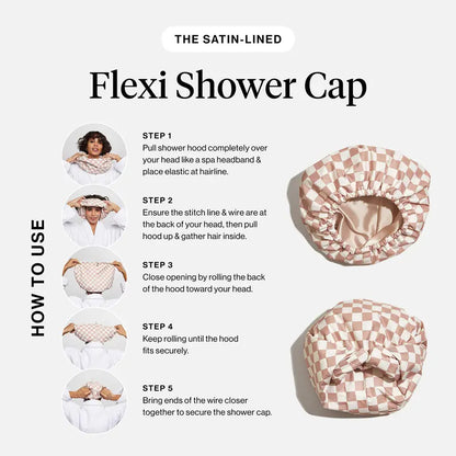 Satin-Lined Waterproof Shower Cap – Adjustable Reusable Hair Protector for Long Hair, Curls & Blowouts