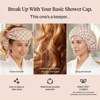 Satin-Lined Waterproof Shower Cap – Adjustable Reusable Hair Protector for Long Hair, Curls & Blowouts