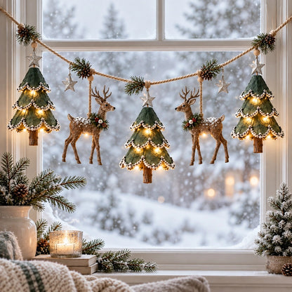Lighted Woodland Christmas Garland – Festive Deer & Tree Holiday Decoration