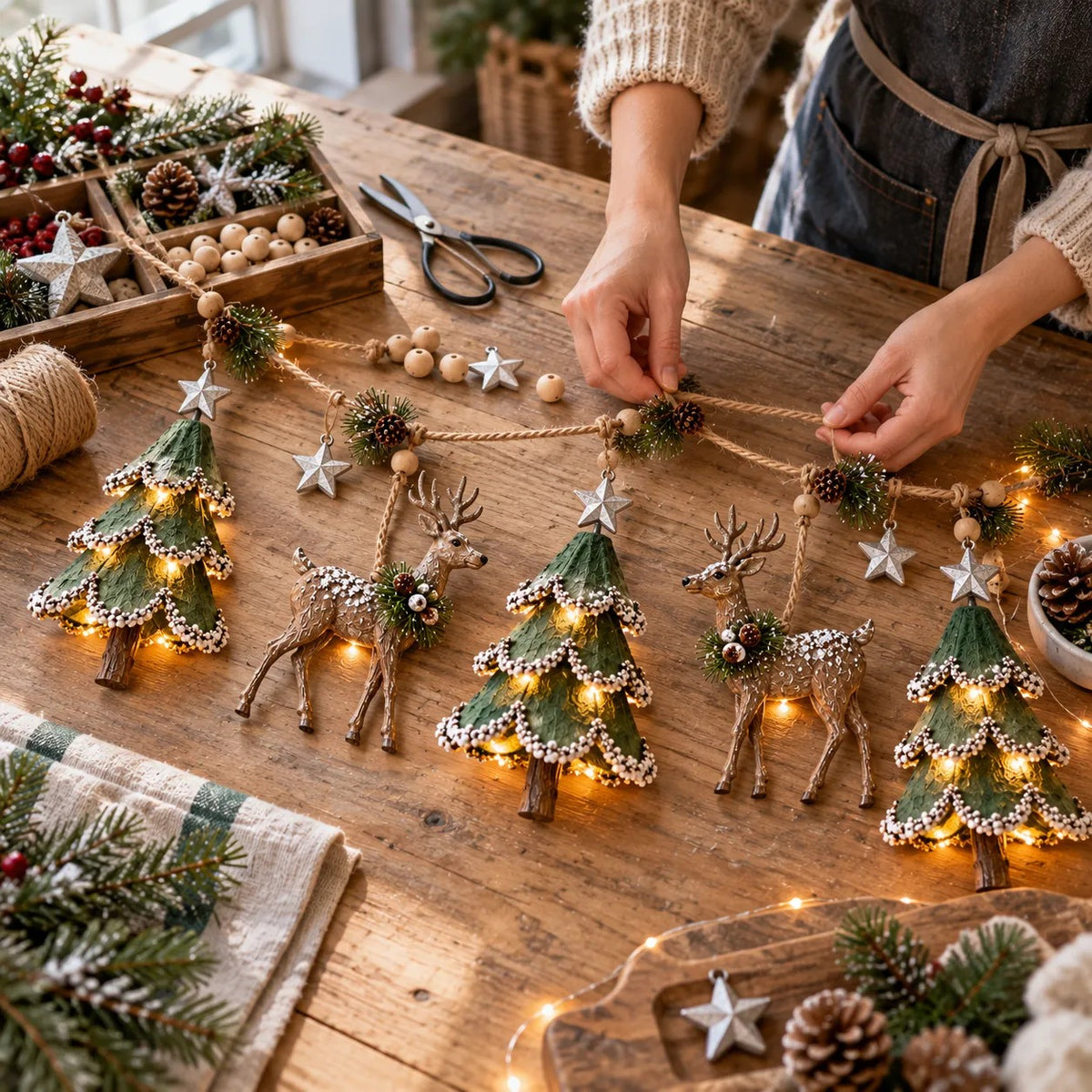 Lighted Woodland Christmas Garland – Festive Deer & Tree Holiday Decoration