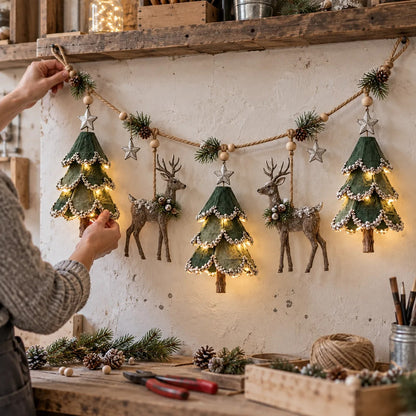 Lighted Woodland Christmas Garland – Festive Deer & Tree Holiday Decoration
